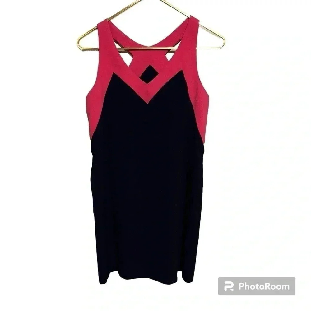 Felicity & Coco Dress Womens Petite Medium Navy Blue Pink Sheath Dress Crepe